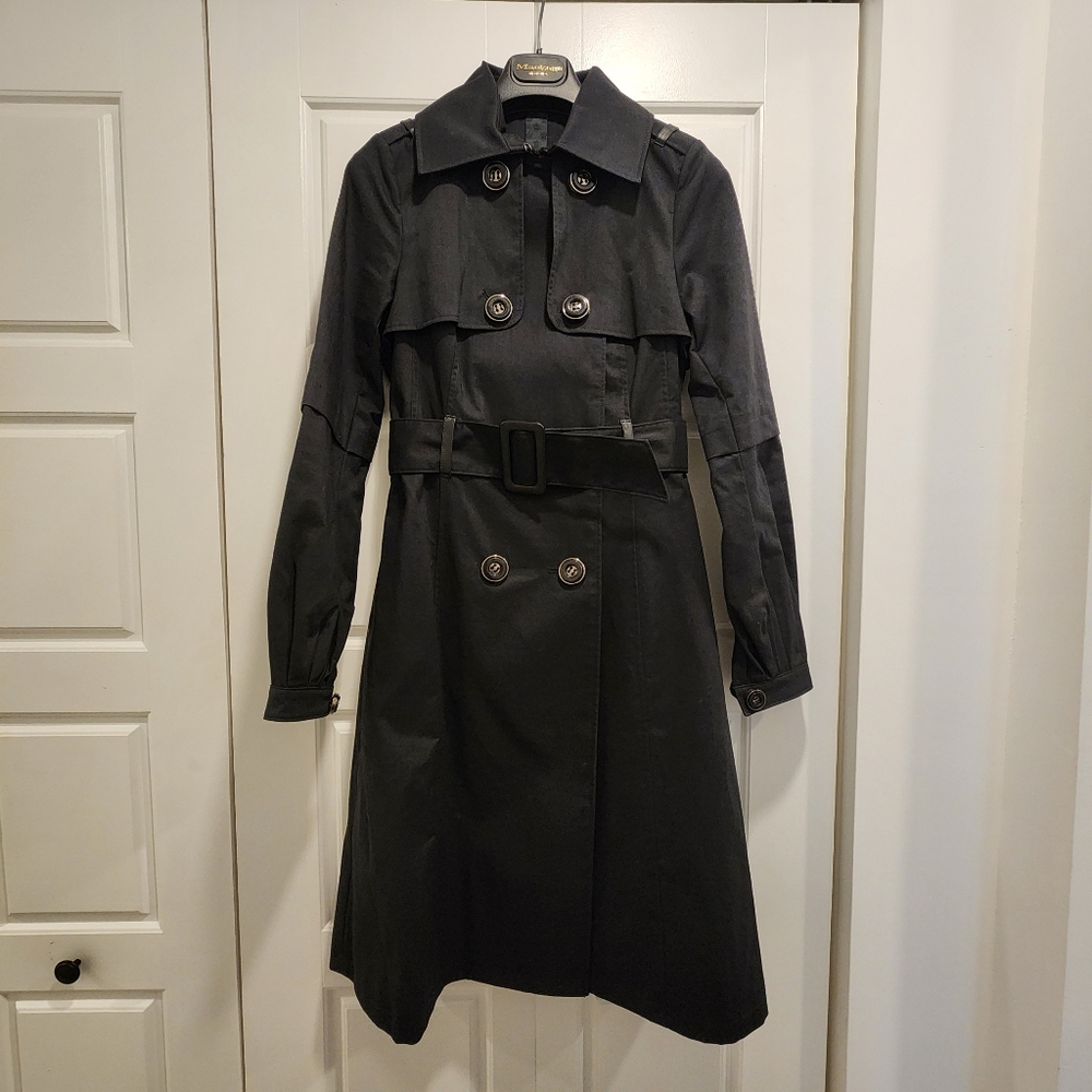 XS Mackage Double Breasted Long Sleeve Trench Coat, Black with Leather Trim - Picture 3 of 6